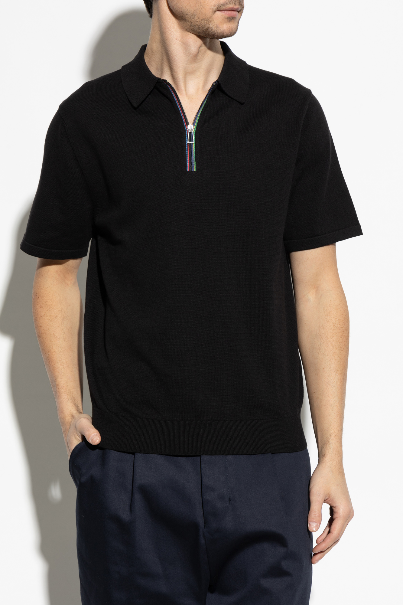 Tシャツ・カットソー Paul Smith COTTON POLO SHIRT WITH ZIPPER Men's Light Grey 'Sports Stripe' Zip Knitted Cotton Polo Shirt